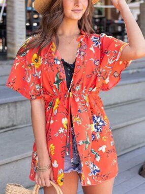 Grace & Lace UVB Cover Up Kimono in Coral Floral (S/M)